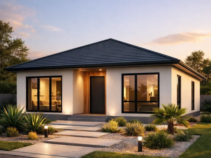 Tampilan fasad rumah 8x12 satu lantai dengan komposisi modern proporsional dan aksen kayu hangat yang terlihat elegan dari sudut perspektif estetik