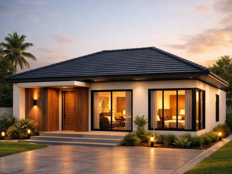 Tampilan fasad rumah 8x12 tiga kamar dengan komposisi modern proporsional, atap miring elegan, dan pencahayaan senja yang hangat serta terasa nyaman untuk keluarga