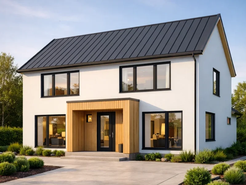 Tampilan fasad rumah Scandinavian dengan dinding putih bersih, aksen kayu terang, dan komposisi minimalis yang terasa hangat dan elegan dari sudut pandang perspektif estetik