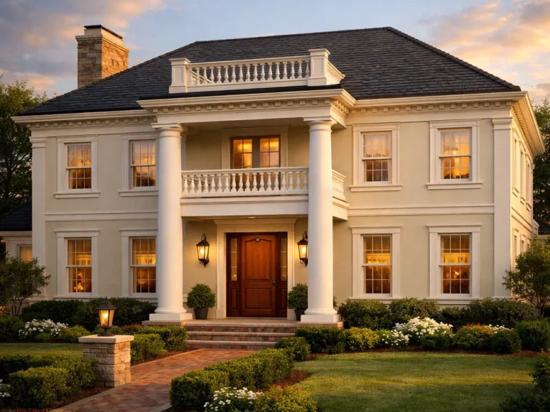 Tampilan fasad rumah american classic dengan komposisi simetris, kolom elegan, dan detail arsitektur klasik yang proporsional serta berkelas