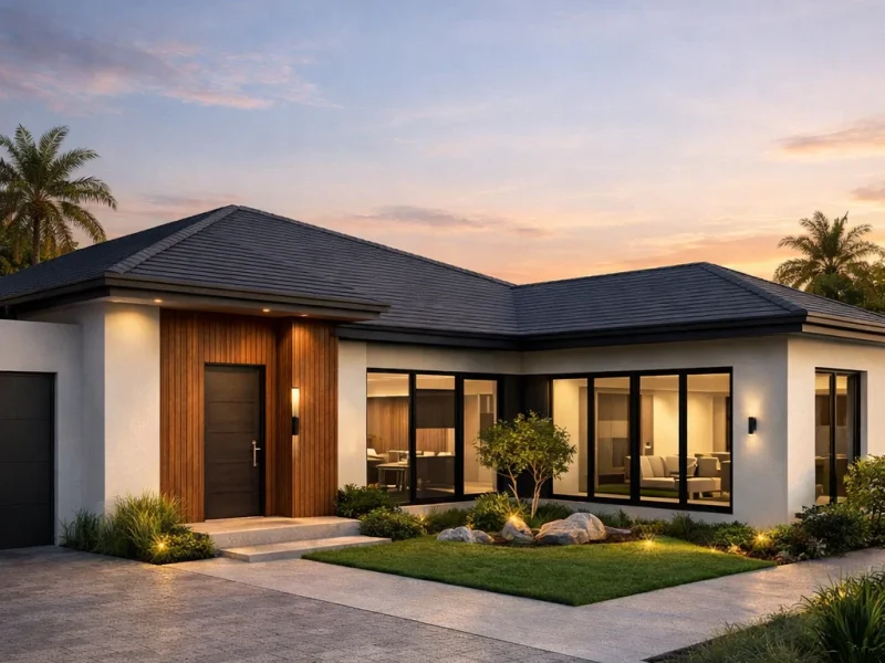 Tampilan fasad rumah bentuk leter L tiga kamar dengan komposisi proporsional dan taman sudut dalam yang membuat rumah terlihat lega dan terencana dengan baik