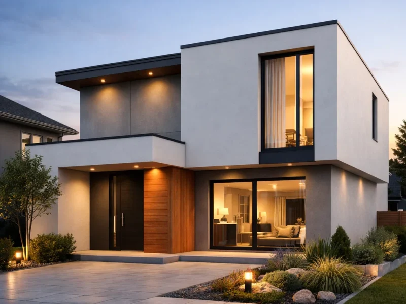 Tampilan fasad rumah dua lantai minimalis dengan komposisi geometris bersih dan aksen kayu yang memberi kesan modern serta elegan