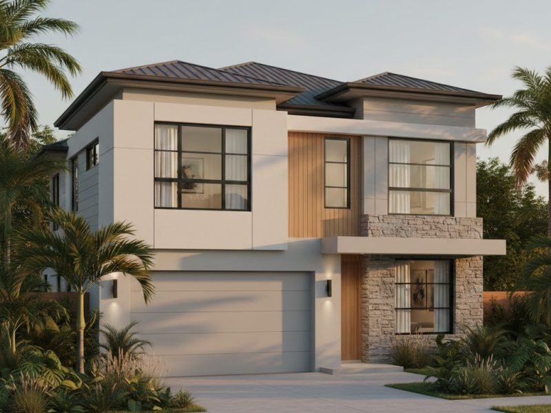 Tampilan fasad rumah dua lantai modern dengan komposisi proporsional dan pencahayaan hangat yang memberikan kesan elegan dan matang dari sudut pandang perspektif estetik