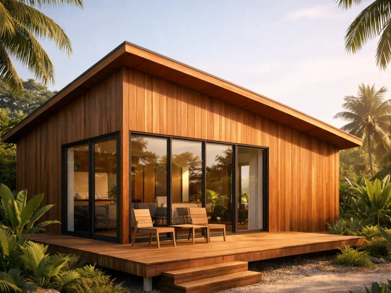 Tampilan fasad rumah kayu minimalis dengan garis sederhana dan nuansa hangat yang menyatu dengan lingkungan alami