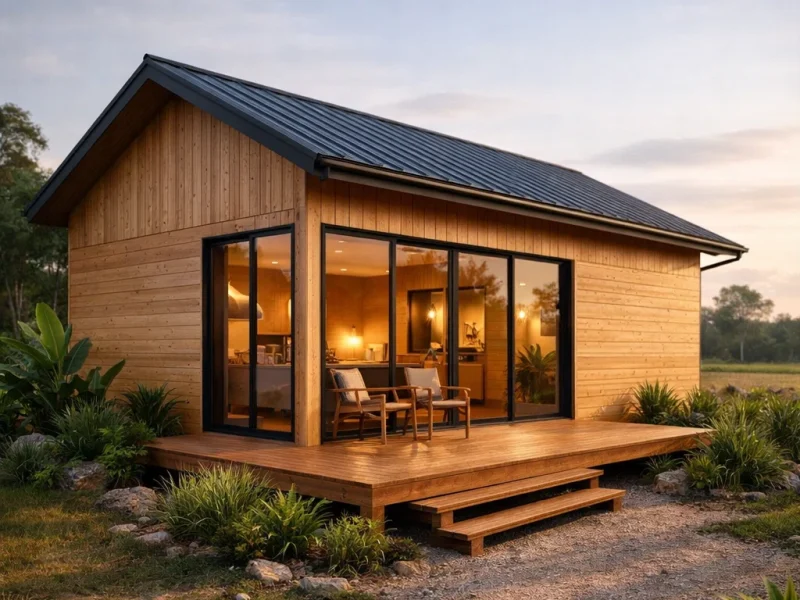 Tampilan fasad rumah kayu sederhana dengan nuansa hangat alami dan komposisi modern yang tetap terasa ringan serta menyatu dengan lingkungan sekitar