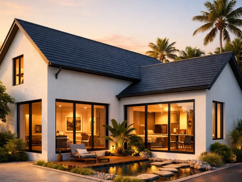 Tampilan fasad rumah leter L dengan taman sudut privat dan komposisi bangunan yang seimbang serta modern terlihat dari sudut perspektif estetik