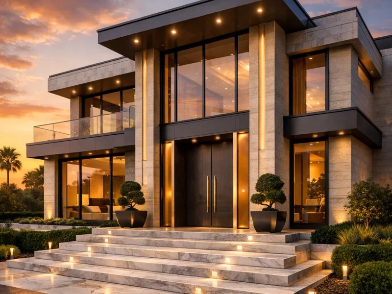 Tampilan fasad rumah mewah modern dengan kombinasi batu alam, kaca besar, dan pencahayaan hangat yang memberi kesan elegan serta eksklusif dari sudut pandang estetik