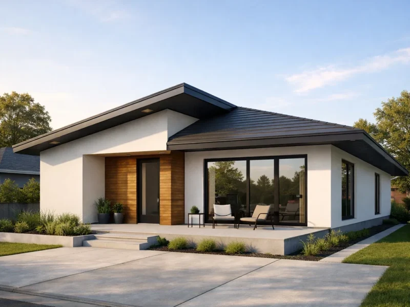 Tampilan fasad rumah minimalis 1 lantai dengan komposisi sederhana, atap miring elegan, dan pencahayaan hangat yang menciptakan kesan bersih serta modern