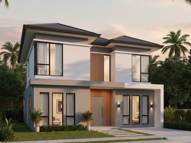 Tampilan fasad rumah minimalis 2 lantai dengan komposisi bersih dan modern dari sudut pandang perspektif estetik yang proporsional dan elegan