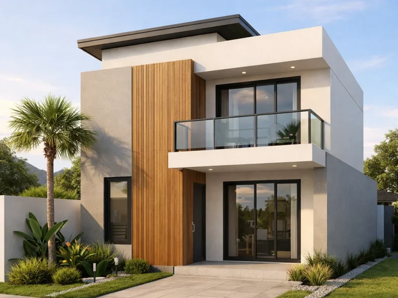 Tampilan fasad rumah minimalis 2 lantai ukuran 6x12 dengan komposisi proporsional, balkon kecil modern, dan aksen kayu yang memberi kesan elegan serta terencana dengan baik