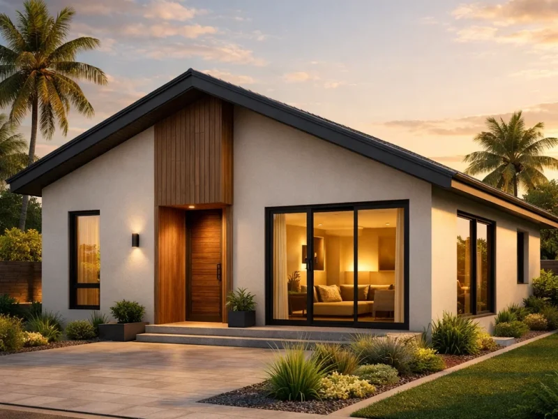 Tampilan fasad rumah minimalis dua kamar dengan komposisi sederhana, proporsional, dan terlihat hangat dari sudut pandang estetik.