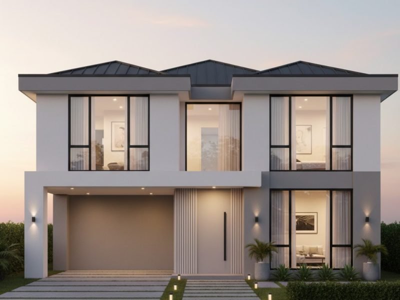 Tampilan fasad rumah minimalis modern dengan komposisi bersih, aksen kayu hangat, dan pencahayaan senja yang elegan serta proporsional.