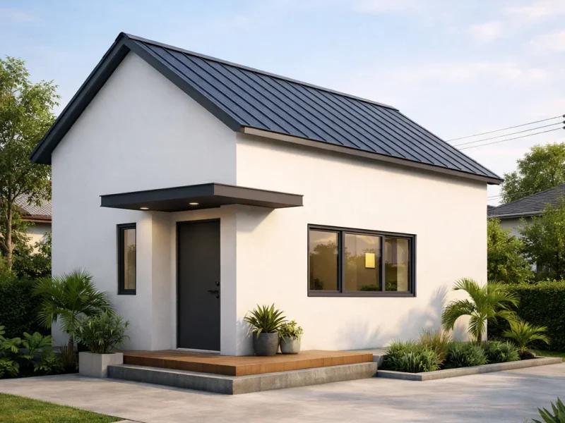 Tampilan fasad rumah minimalis sederhana dengan bentuk kotak bersih dan atap miring yang efisien sesuai konsep budget 70 juta