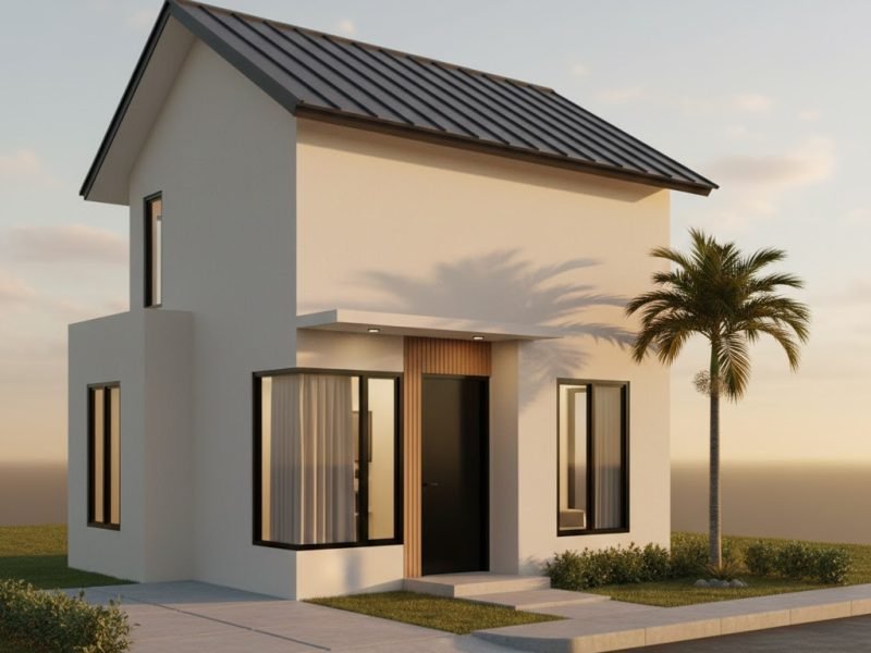 Tampilan fasad rumah modern ukuran 5x7 dengan komposisi proporsional dan desain yang rapi serta terasa hangat dari sudut pandang estetik.