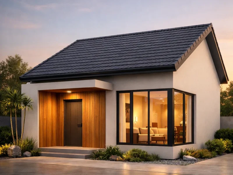 Tampilan fasad rumah modern ukuran 6x10 dengan atap miring minimalis, aksen kayu hangat, dan pencahayaan senja yang memberi kesan hunian kompak namun elegan dan terencana dengan baik