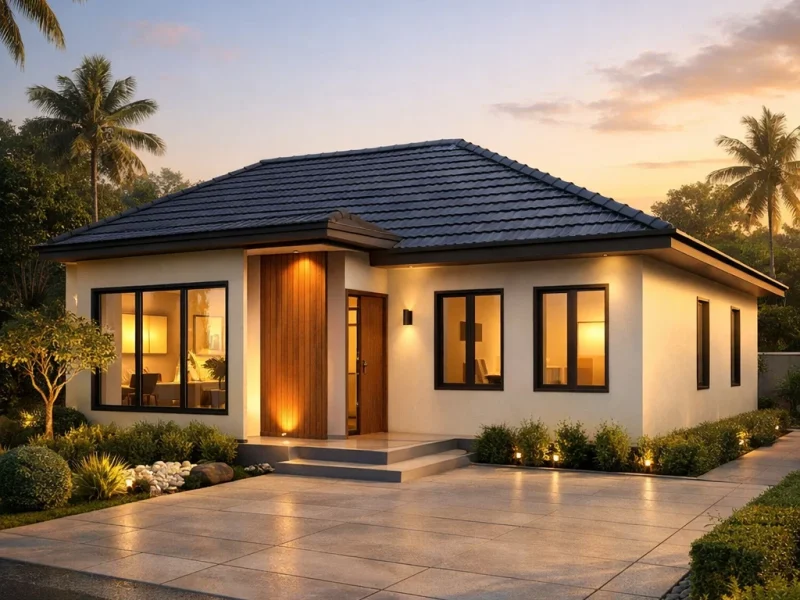 Tampilan fasad rumah modern ukuran 6x10 dengan tiga kamar dan komposisi proporsional yang terlihat rapi serta elegan dari sudut pandang perspektif estetik
