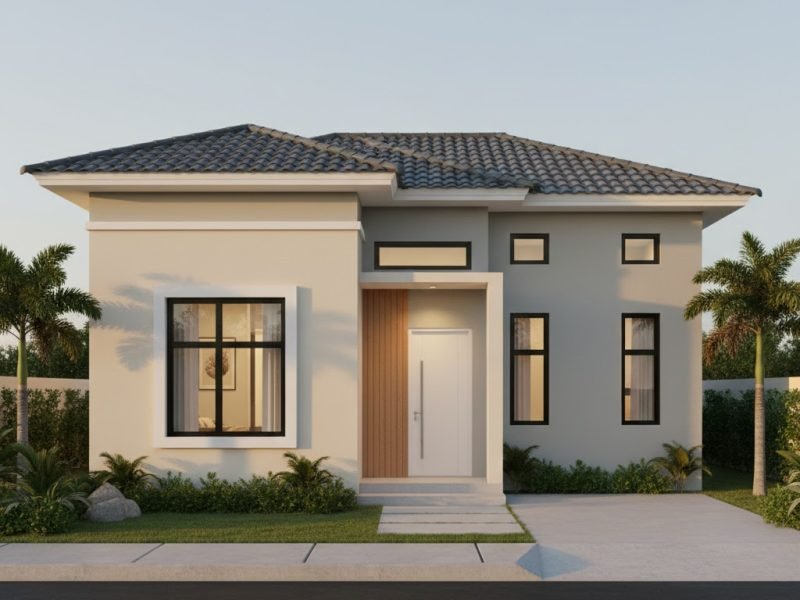 Tampilan fasad rumah modern ukuran 6x12 dengan proporsi memanjang yang terlihat elegan dan rapi dari sudut pandang perspektif estetik