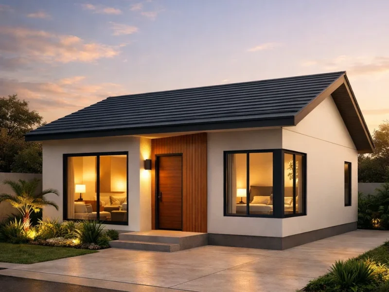 Tampilan fasad rumah modern ukuran 6x8 dua kamar dengan komposisi proporsional dan nuansa hangat yang terlihat rapi serta efisien dari sudut pandang estetik