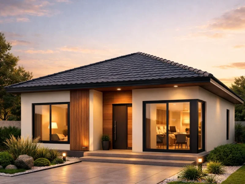 Tampilan fasad rumah modern ukuran 7x12 dengan komposisi proporsional, atap miring elegan, dan pencahayaan hangat yang menonjolkan karakter hunian keluarga yang rapi dan terencana