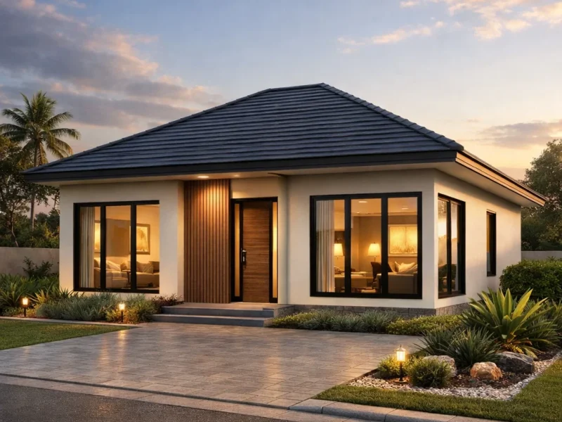 Tampilan fasad rumah modern ukuran 9x10 tiga kamar tidur dengan komposisi proporsional dan pencahayaan hangat yang memberi kesan hunian keluarga yang nyaman dan terencana dengan baik