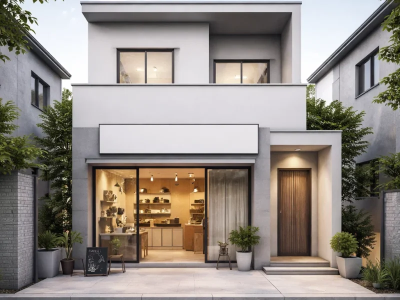 Tampilan fasad rumah plus toko minimalis dengan area usaha di bagian depan dan hunian di belakang dalam komposisi modern yang rapi dan profesional