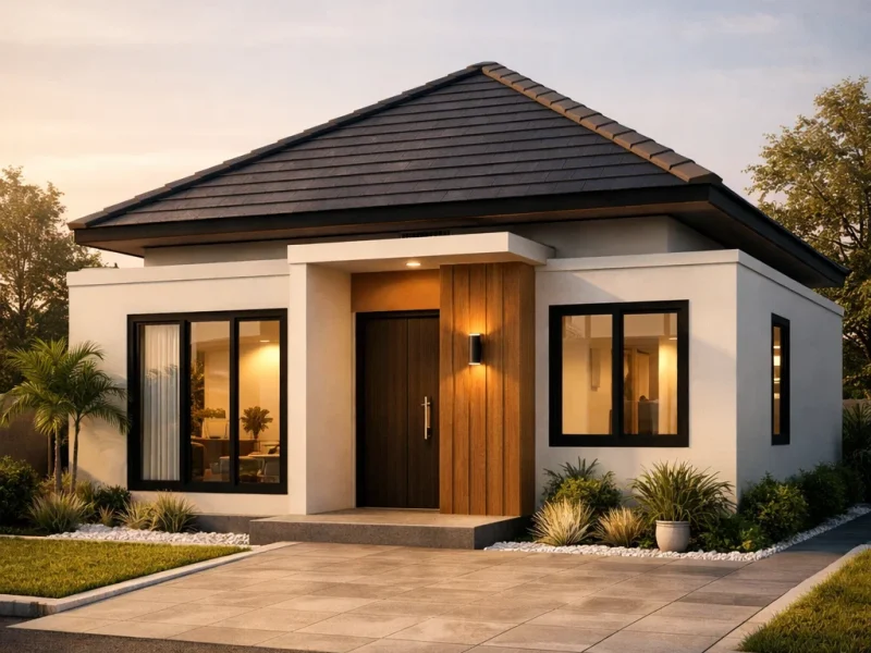 Tampilan fasad rumah type 36 dengan komposisi modern yang proporsional dan terlihat terang serta lapang dari sudut pandang estetik