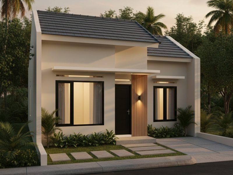 Tampilan fasad rumah type 36 modern dengan komposisi proporsional, aksen kayu hangat, dan suasana senja yang memberi kesan hunian kecil namun elegan dan terencana.