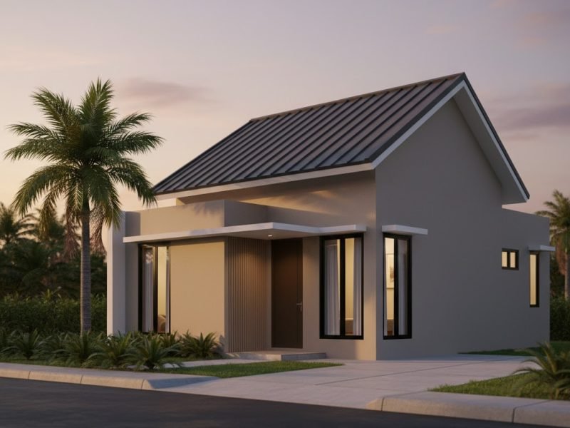 Tampilan fasad rumah ukuran 6x7 meter dengan komposisi modern yang rapi dan proporsional, terlihat estetik dari sudut perspektif depan.