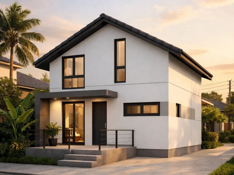 Tampilan fasad rumah ukuran 6x9 dengan komposisi minimalis modern yang proporsional dan terlihat rapi dari sudut pandang perspektif estetik