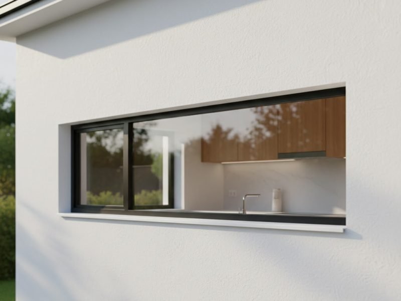 Tampilan jendela dapur minimalis horizontal dengan frame hitam ramping yang memberi cahaya alami maksimal ke area memasak dan sink