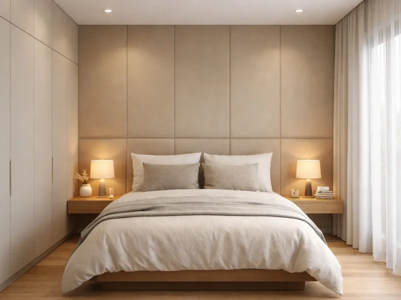 Tampilan kamar 3x4 bernuansa hangat dengan ranjang queen, wardrobe built-in full height, dan pencahayaan lembut yang menciptakan suasana intim dan nyaman untuk pasangan suami istri