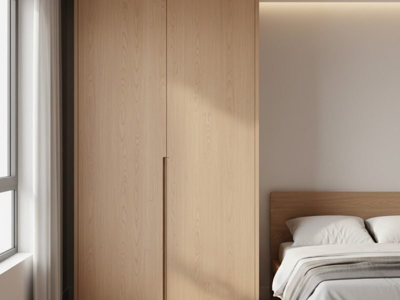 Tampilan kamar dengan lemari pakaian 2 pintu full height bernuansa minimalis modern dengan finishing kayu terang dan suasana ruang yang hangat serta rapi