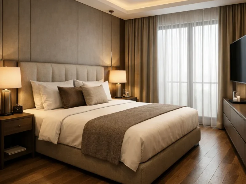 Tampilan kamar hotel modern dengan headboard elegan, pencahayaan hangat berlapis, dan tata ruang rapi yang menciptakan suasana nyaman serta profesional