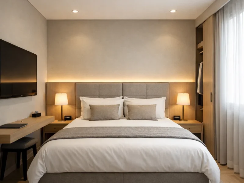 Tampilan kamar hotel ukuran 3x4 meter dengan desain modern minimalis yang rapi dan nyaman serta pencahayaan hangat yang membuat ruang terasa lebih luas