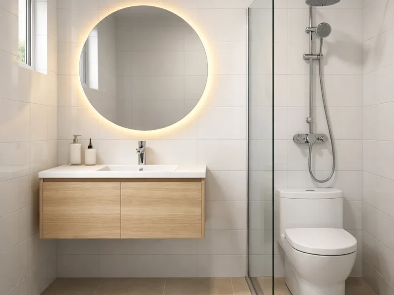 Tampilan kamar mandi kecil modern dengan tata ruang rapi, warna terang, dan partisi kaca transparan yang membuat ruang terasa lebih lega dan bersih