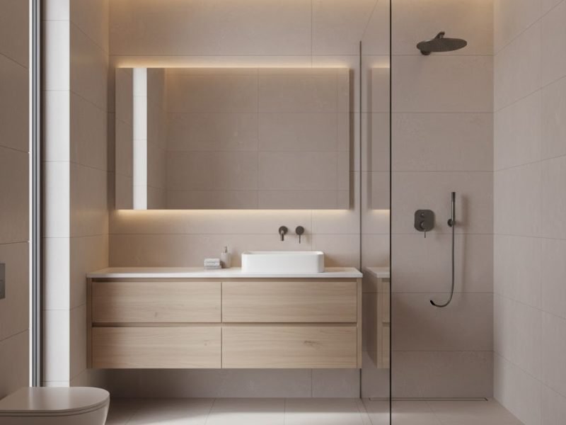 Tampilan kamar mandi modern dengan vanity gantung kayu natural dan shower kaca transparan yang terasa bersih serta elegan