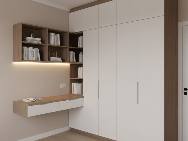 Tampilan kamar modern dengan lemari built-in dan meja belajar menyatu dalam satu dinding sehingga terlihat rapi, fungsional, dan proporsional untuk ruang terbatas