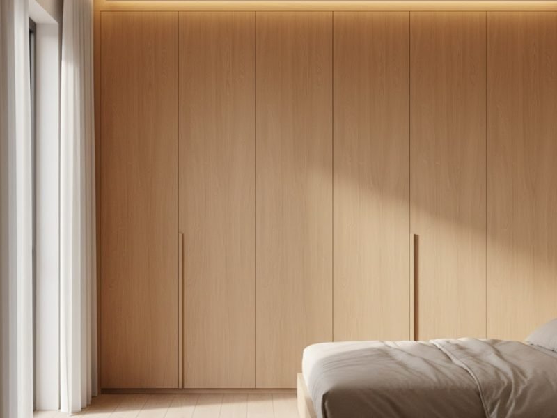 Tampilan kamar modern dengan lemari built-in full plafon yang menyatu rapi dari lantai hingga langit-langit, memberikan kesan tinggi dan terorganisir.