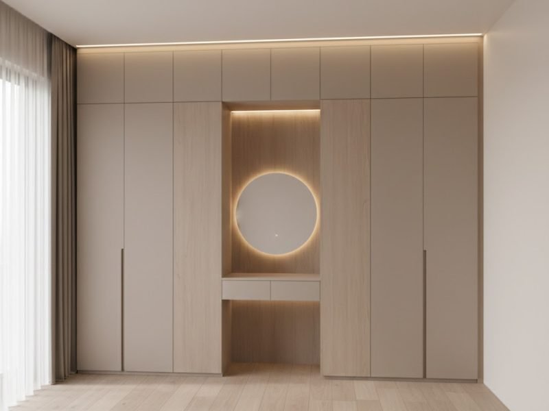 Tampilan kamar modern dengan lemari custom built-in menyatu dinding dan meja rias terintegrasi yang terlihat rapi serta fungsional