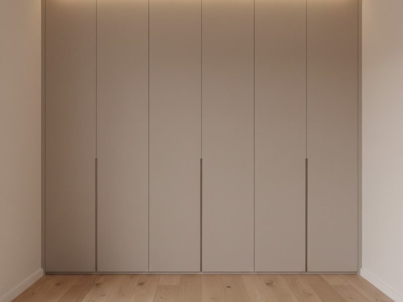 Tampilan kamar modern dengan lemari pakaian custom built-in full ceiling berfinishing matte yang terlihat rapi dan menyatu dengan interior kamar