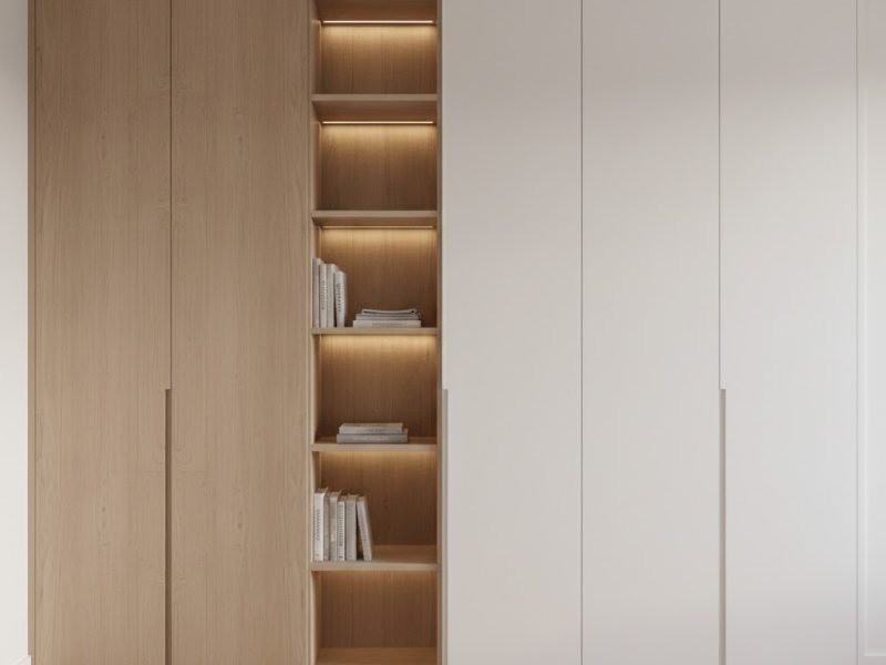 Tampilan kamar modern dengan lemari pakaian minimalis built-in berfinishing kayu terang dan putih matte yang terlihat rapi serta menyatu dengan dinding