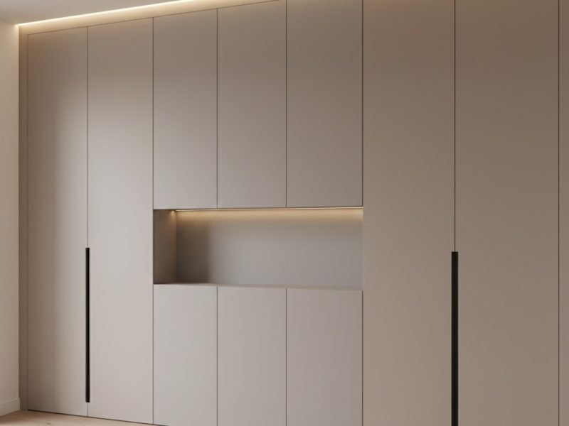 Tampilan kamar modern dengan lemari pakaian minimalis full height berpanel rata dan finishing matte yang terlihat rapi serta elegan secara keseluruhan
