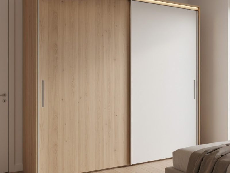 Tampilan kamar modern dengan lemari pakaian pintu geser full height kombinasi kayu terang dan putih matte yang terlihat rapi serta menyatu dengan interior kamar