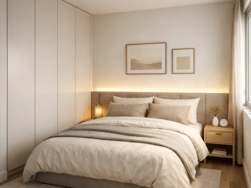 Tampilan kamar tidur 3x3 dengan lemari built-in setinggi plafon dan tata ruang presisi yang tetap terasa hangat dan lega