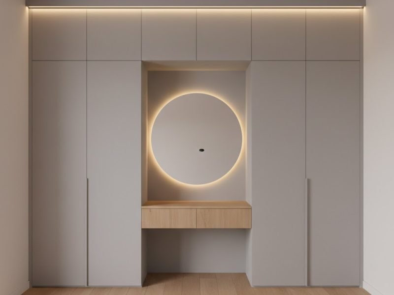 Tampilan kamar tidur dengan lemari pakaian dan meja rias minimalis terintegrasi yang rapi, hangat, dan fungsional dalam satu kesatuan desain yang harmonis