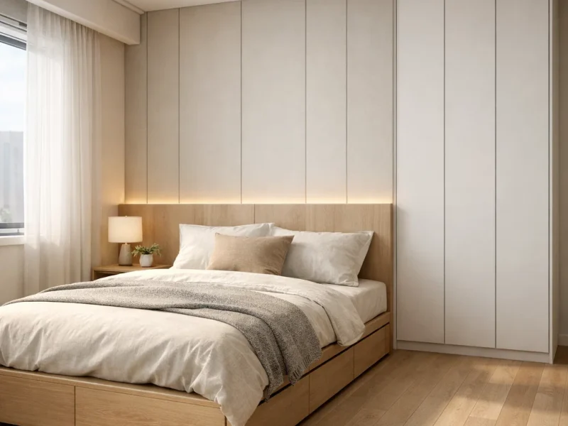 Tampilan kamar tidur kecil dengan konsep modern minimalis yang rapi, terang, dan terasa lega melalui tata letak efisien serta pencahayaan hangat