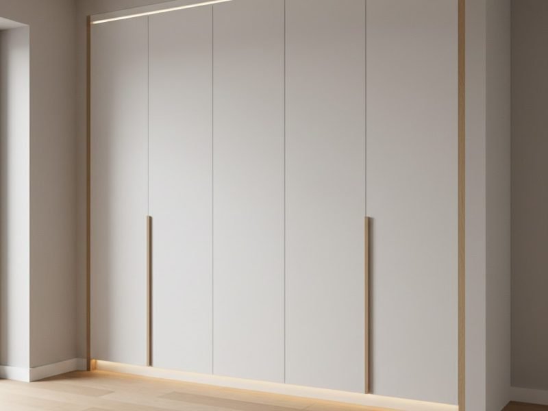 Tampilan kamar tidur minimalis dengan lemari built-in full height berpanel putih matte dan aksen kayu yang menyatu rapi dengan dinding serta pencahayaan hangat yang lembut