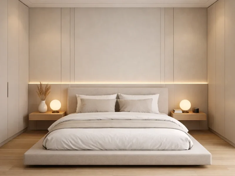 Tampilan kamar tidur minimalis modern dengan palet warna lembut, panel dinding rapi, dan pencahayaan hangat yang menciptakan suasana tenang dan elegan