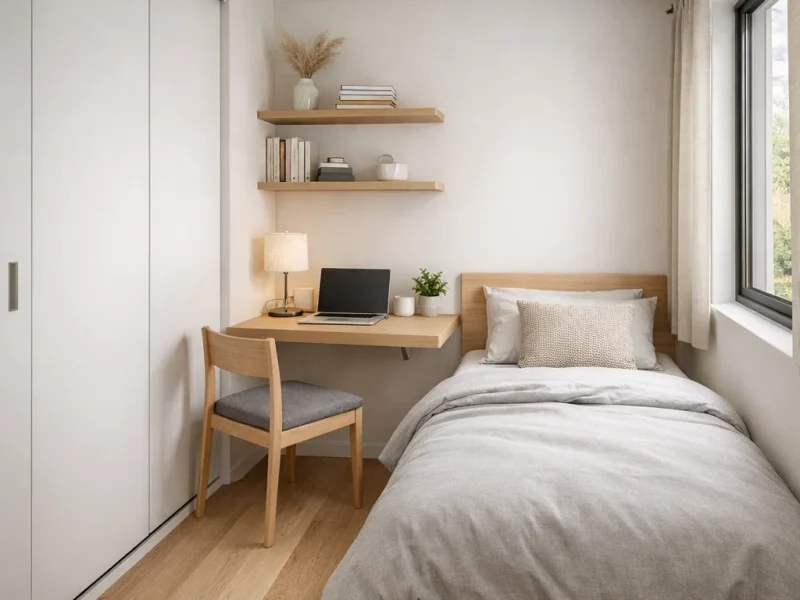 Tampilan kamar tidur minimalis ukuran 2x3 dengan penataan furnitur efisien dan warna terang yang membuat ruang kecil terasa lebih lapang dan nyaman