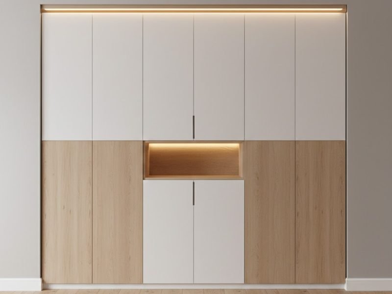 Tampilan kamar tidur modern dengan lemari minimalis built-in hingga plafon berfinishing putih matte dan aksen kayu natural yang terlihat rapi serta presisi